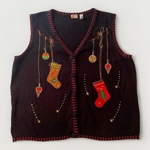 Ugly Christmas Sweater Vest Womens XL Black Embroidered Stockings Holiday